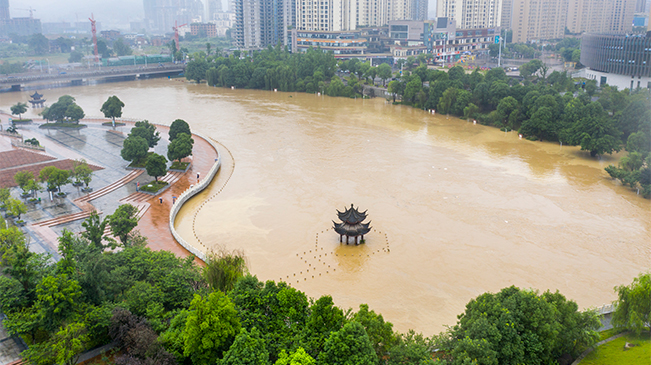 直击：南川暴雨致凤嘴江河水上涨 滨河公园被淹