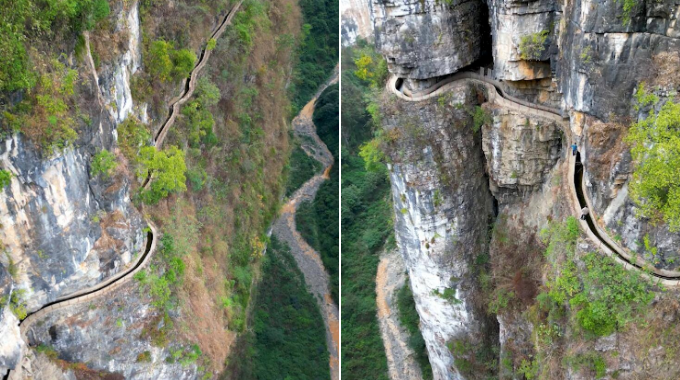 村民在200米高悬崖上凿出水渠，为劳动人民的智慧点赞！